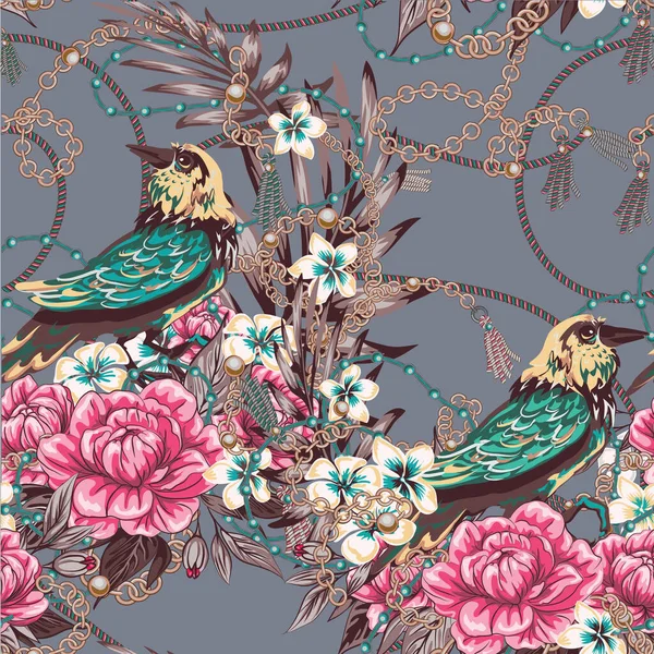 Elegantie Patroon Met Bloemen Vogels Pracht Van Jaren Chique Vogelkettingen — Stockvector