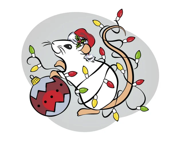 Petite Souris Dans Chapeau Père Noël Rouge Avec Garland Lights — Image vectorielle