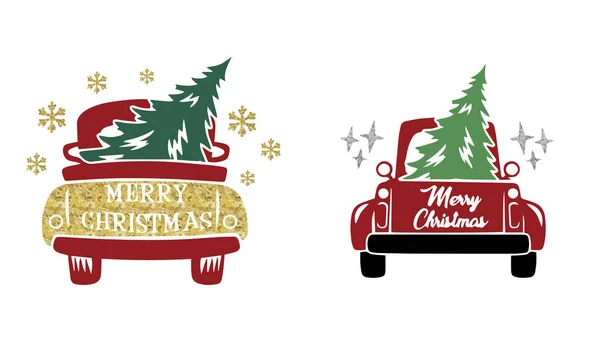 Altınla dolu Noel kartları, Mutlu Noeller için bir kamyonet tasarımı, Noel tebrik kartı. Eski model bir pikap, Noel ağacı olan bir kamyon. Vektör illüstrasyonu.
