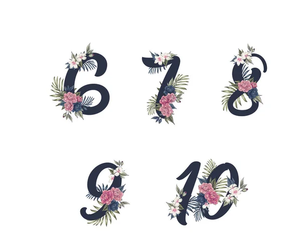 華やかな数字だ エレガントな花数 花の小枝の日付と数字のモノグラム 葉序に観賞用数文字が付きます ベクトル図絶縁シンボルセット — ストックベクタ