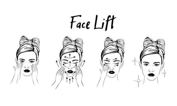 女性は顔の手順を気にします顔の手順を適用する方法 ステップスキンケアかわいいスタイルを使用する方法 顔のケアの手順 — ストックベクタ