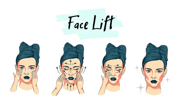 Woman Take Care Face Steps How Apply Facial Procedures Steps — Stock Vector