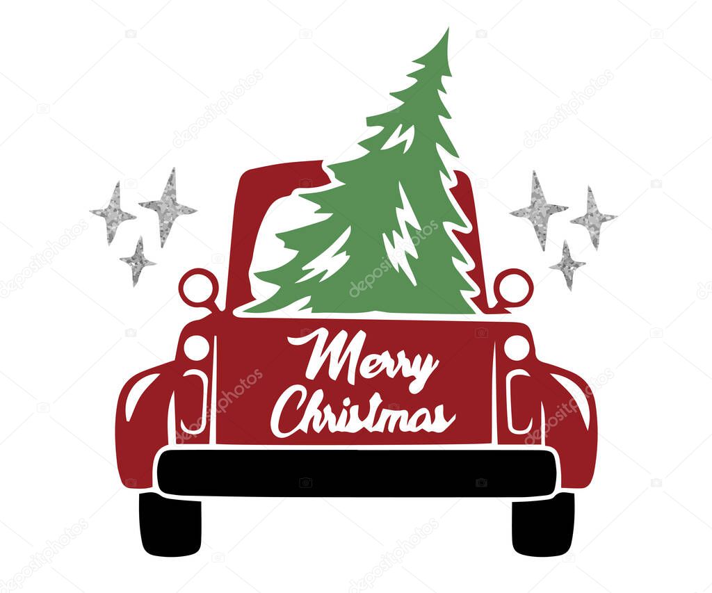 Christmas cards with gold, design for a Merry Christmas pickup truck, Christmas greeting card. Vintage pickup, truck with Christmas tree. Vector illustration.