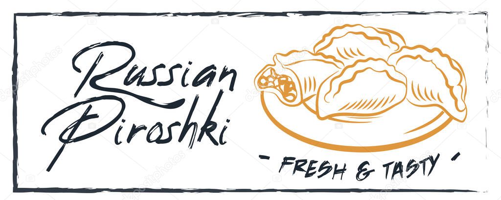 Russian pie colorful illustration. Vector illustration of Russian cuisine. Russian cuisine restaurant menu, black board poster with Russian pyroshki.