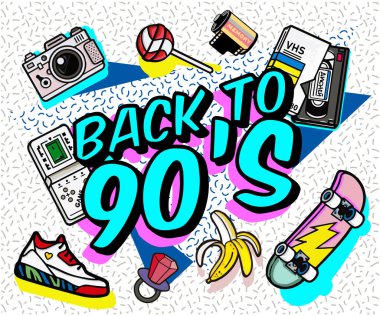 Retro parti posteri. 90 'lı yılların müzikleri, eski moda müzikleri, eski tarz bir oyun, kaset, paten, çubuk şeker, spor ayakkabıları ve eski bir ses kaseti. davetiye, dans partileri reklam afişi 