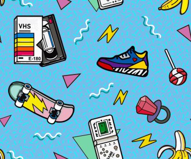 Vhs oyun ve kaset, patenler, şeker kamışları, spor ayakkabıları ve eski ses kasetleriyle 90 'ların modası geçmiş şeyler. Kapak, kitap, reklam, poster ve kartpostalların tasarımında kullanılabilir.