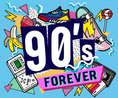 80 'ler-90' lar Memphis tarzı pankartlar. Eski moda eski tarz şeylerle bir oyun, kaset, paten, çubuk şeker, spor ayakkabılar ve eski bir ses kaseti. Kapak tasarımı, poster ve tebrik kartlarında kullanılabilir.