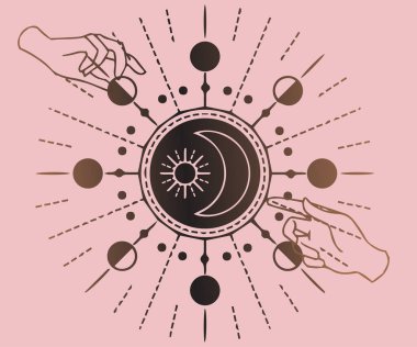 Sihirli bir top. Çizginin elinde ışık huzmeleri ve bir falcı noktası var. Boho şık TAROT CARDS dövmesi, poster veya sunak örtüsü tasarımı baskı vektör illüstrasyonu için