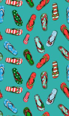 Noel süslerinde plaj terlikleriyle Noel tebrik kartı ile Noel kutlaması, kumsalda Noel 'i kutlamak, kumsalda mutlu Noeller dilemek, kumaş ve tekstil için uygun desenler.