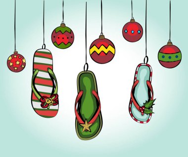 Yeni yıl dekorunda plaj terlikleri olan Noel kartı, plajda Noel 'i kutlamak, arka plan - poster için şablon tasarımı, afiş