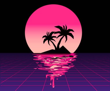 Uzay neon manzarası retro turizm tarzında, Planet 'in retro dalgaları neon renklerle perspektif ızgarasına dönüşür. Arkaplan - poster, afiş, sosyal ağlar için şablon tasarımı. Kartpostallar için uygun,