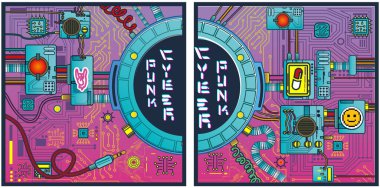 Geçmişe dönük oyunlar, teknoloji, soyut poster, modern el ilanları, retro bilim siber robotları mekanizmaları ve uzay aracı pop sanatının ayrıntıları içeren fütüristik poster.