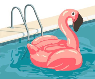 Pembe flamingo lastik yüzük, aktif zaman geçirmek için oyuncaklar ve havuzda yaz tatili. Düz çizgi film tarzında modern renkli vektör çizimi.