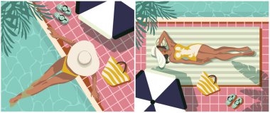 Bilardoya yakın şapkalı çekici bir kadın silueti. Yaz gezisinde su kenarında dinlenen izole güzellik kızı konsepti. Mavi yüzme havuzunda dinlenen güzel genç bir kadın. Güzel yaz zamanı. Tatilde. Ev kavramında güvendesin..