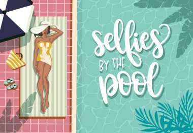 Üst ya da arka planda, büyük kenarlı şapkalı bir kızın havuz suyunun yanında dinlenmesi. Posterler, pankartlar veya eğlence ve seyahat web sitesi tasarımı için tasarım konsepti için uygundur.