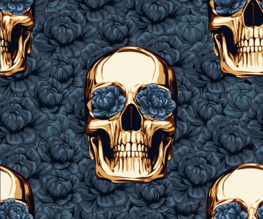 Kumaş desenli metal kafatası. Altın güller, Cadılar Bayramı tebrik kartları, tatil posterleri, yaratıcı tasarım çizimleri.