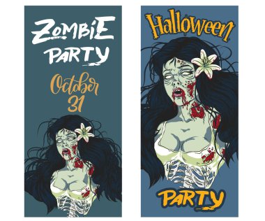 Cadılar bayramı partini düzenlemek için zombi kız çekti. Sosyal medya hikayeleri için düzenlenebilir şablonlar. Broşürler ve afişler için fikir. kurukafa, yaratıcı tasarım çizimi