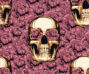 Kumaş desenli metal kafatası. Altın güller, Cadılar Bayramı tebrik kartları, tatil posterleri, yaratıcı tasarım çizimleri.