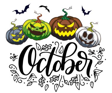 Ekim ayı, sonbahar Cadılar Bayramı temalı balkabağı fenerleriyle süslenmiş. Balkabağıyla cadılar bayramı gecesi geçmişi. Broşürler ve afişler için fikir, yaratıcı illüstrasyon tasarımı