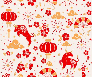 Mutlu Çin Yeni Yılı 2021 Zodiac tabelası, öküz yılı, kırmızı ve altın kağıt kesimi öküz karakteri, çiçek ve Asya elementleri arka planda zanaat stili, Asya yeni yılı için Noel evcilleştirmesi, karşılama arabası