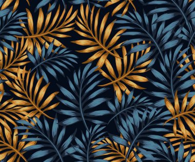 Altın palmiye yaprakları temasındaki kumaş ya da kağıt deseni siyah arkaplanda mavi bir tonla, tasarım davetiyeniz için uygun. Katalog kapağı. Pankart