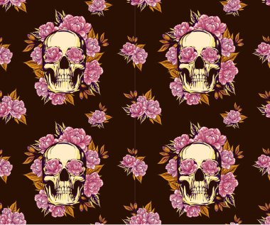 Kumaş desenli metal kafatası, altın güller çiçek çelengi, mutlu Cadılar Bayramı tebrik kartları, bayram posterleri, pankart tasarımı