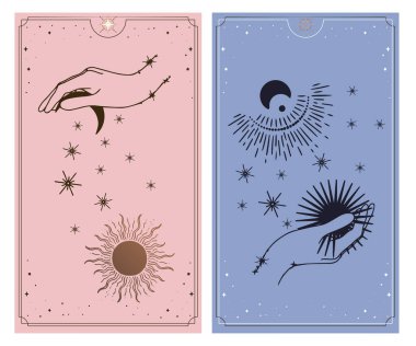 Ay ve güneş tarot kartları, basit ezoterik boho stili eller. Çeşitli sembolleri olan esrarengiz bir logo. Astrolojik ve esrarengiz kavram.