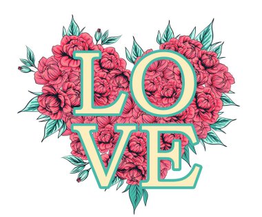 Kalp şeklinde çiçekler, çiçek çizimleri, yapraklar ve tomurcuklar. Düğün ya da tebrik kartı için botanik kompozisyonu, çiçek dalı - bir gülün soyutlanması. beyaz arkaplanda izole