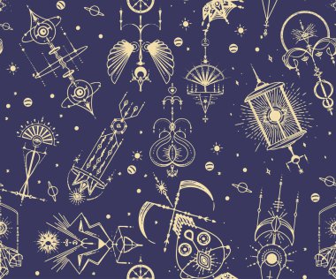 Mistik, sihir, geçmiş. Ortaçağ el yazması. Retro tarzında vektör pürüzsüz desen. Tekrarlanan Moda Modaya uygun doku.