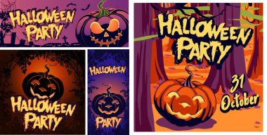 Cadılar bayramı partini dekore etmek, Cadılar Bayramı gecesini balkabağıyla geçirmek. Broşürler ve afişler için fikir, yaratıcı illüstrasyon tasarımı