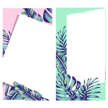 Tropikal çiçekler ve palmiyeler, yazlık afişler, egzotik arka plan, fotoğraf ve metin için yer. Sosyal medya hikayeleri için düzenlenebilir şablonlar. Fotoğraflarınla birleştir. Broşürler ve afişler için fikir.