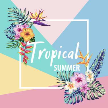 Tropikal çiçekler ve palmiye yaprakları yaz tabelasının arka planında egzotik çiçekli davetiye broşürü. poster ve afiş için dizayn şablonu,