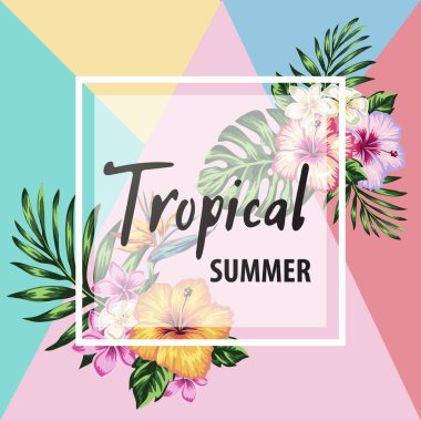 Tropikal çiçekler ve palmiye yaprakları yaz tabelasının arka planında egzotik çiçekli davetiye broşürü. poster ve afiş için dizayn şablonu,
