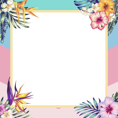 Sosyal ağlardaki gönderiler için tropik çiçek ve palmiye yaprakları çerçevesi, fotoğraf ve metin için yer. Sosyal medya hikayeleri için düzenlenebilir şablonlar.