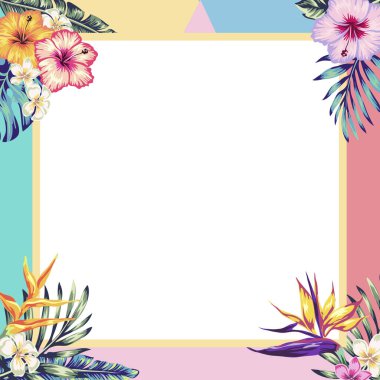 Sosyal ağlardaki gönderiler için tropik çiçek ve palmiye yaprakları çerçevesi, fotoğraf ve metin için yer. Sosyal medya hikayeleri için düzenlenebilir şablonlar.