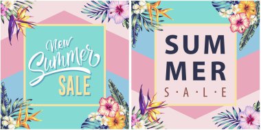 Sosyal medya paylaşımları, hikayeler ve fotoğraflar için klasik çerçeveli tropikal çiçekler ve palmiye yaprakları düzenlenebilir arka plan koleksiyonu. Yaz indirimi posteri