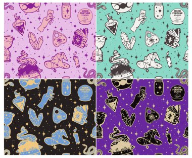 Vektör büyüsü, kusursuz cadı deseni. Cadılık geçmişi, esrarengiz boho tarzı, cadılık, cadılar ve büyücüler için sihir geçmişi. El yapımı sihirli aletler, büyücülük kavramı..