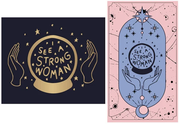 Güçlü bir kadın görüyorum. Elinde ışık huzmeleri olan sihirli bir top. Sanat eseri ve bir falcının amacı. Boho Şık Tarot Kart Dövmesi, 