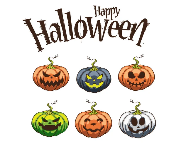 Creative Holiday Sticker Design Halloween Pumpkin Funny Scary Faces Different — Stock Vector