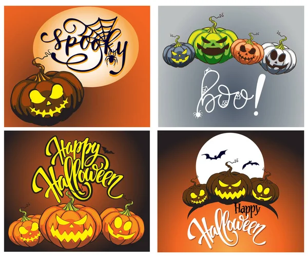 Set Halloween Pompoen Met Grappige Enge Gezichten Verschillende Vormen Kleuren — Stockvector