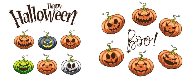 Creative Holiday Sticker Design Halloween Pumpkin Funny Scary Faces Different — Stock Vector