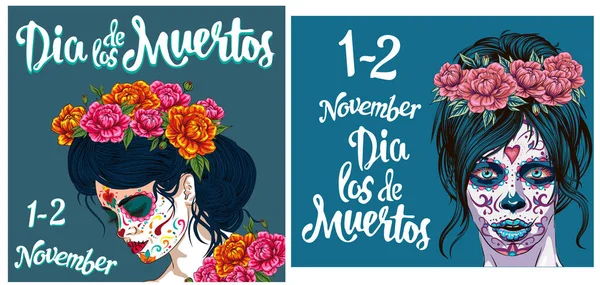 멕시코 연휴의 디아데 무에르 Dia Los Muertos 포스터 플래그와 이야기를 — 스톡 벡터