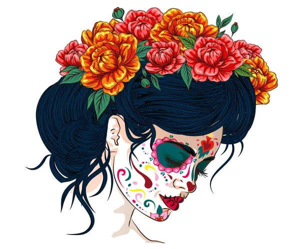 手描きの花のリースを持つ砂糖の頭蓋骨の少女の顔ハロウィーンの砂糖の顔の化粧の例 白い背景が孤立し — ストックベクタ