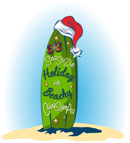 Christmas card with christmas surfboard decorated with holiday decor, greet Christmas on the beach, decal surfboards for christmas