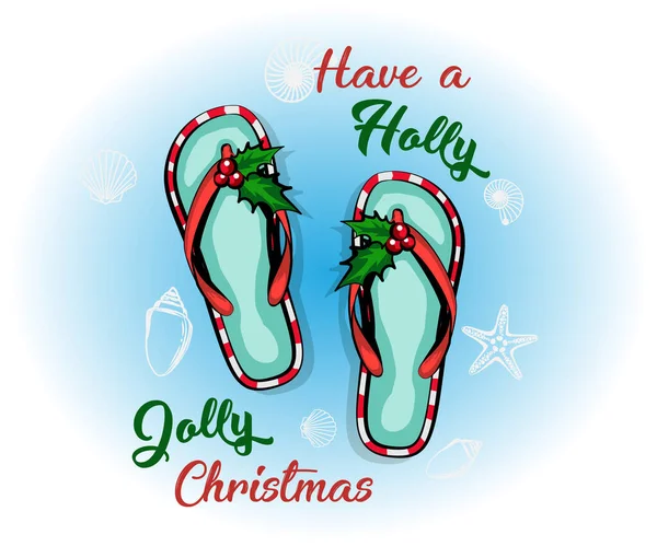 Tarjeta Navidad Con Zapatillas Playa Decoración Navidad Año Nuevo Zapatillas — Vector de stock