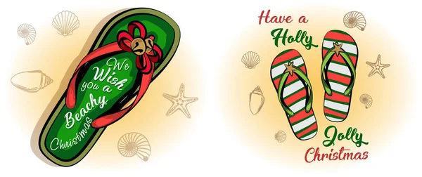 Set Tarjeta Felicitación Navidad Con Zapatillas Playa Decoración Navidad Año — Vector de stock