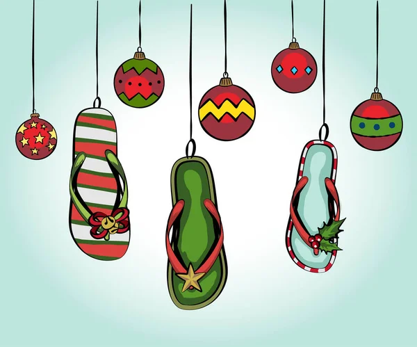 Yeni yıl dekorunda plaj terlikleri olan Noel kartı, plajda Noel 'i kutlamak, arka plan - poster için şablon tasarımı, afiş