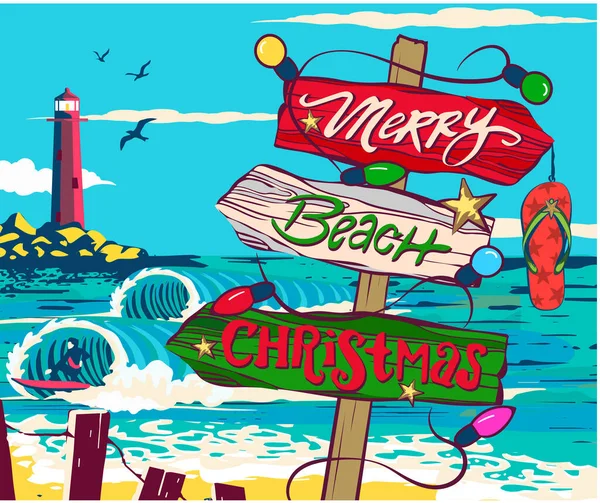 Puntero Feliz Navidad Mar Playa Fondo Rocas Fondo Diseño Plantilla — Vector de stock