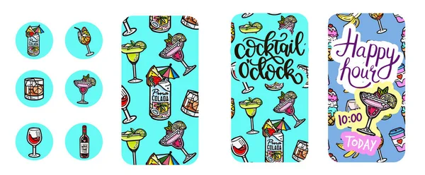 Cocktail Desenhado Estilo Cartoon Modelos Editáveis Para Histórias Mídia Social —  Vetores de Stock