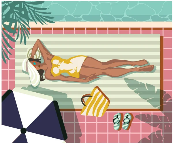 Aantrekkelijk Vrouwelijk Silhouet Met Hoed Bij Het Zwembad Geïsoleerd Beauty — Stockvector